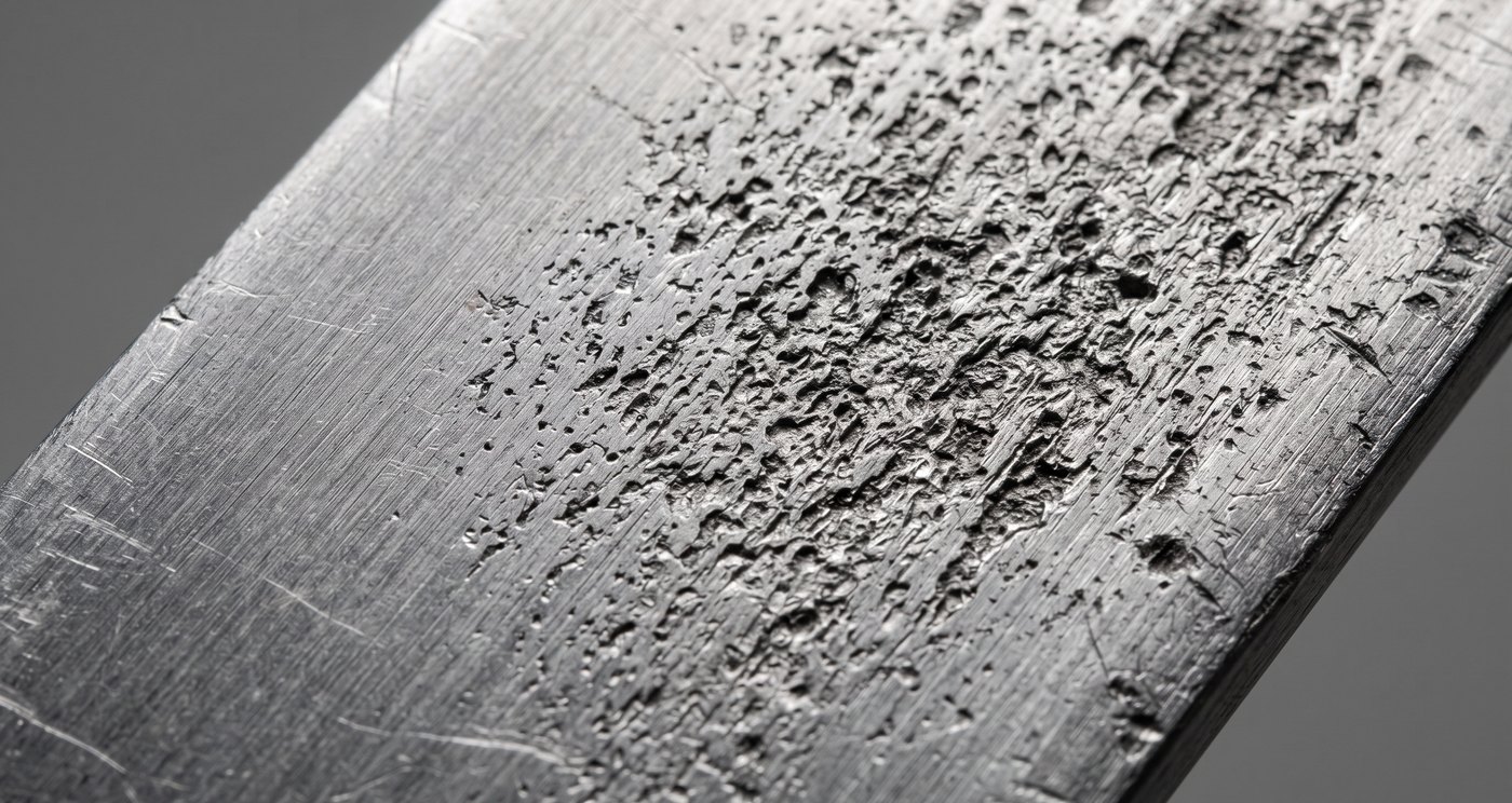 Macro of a metal surface showing fine cavitation pitting and matte erosion damage
