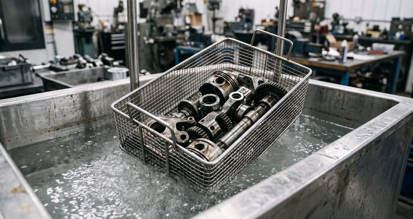 Machined steel components in a stainless mesh basket being lowered into an ultrasonic cleaning bath