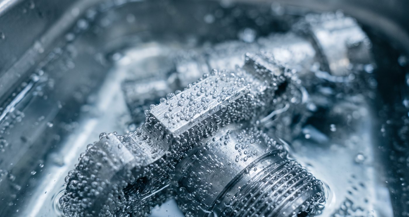 Fine gas bubbles clinging to a submerged steel part in a tank of clear cleaning solution