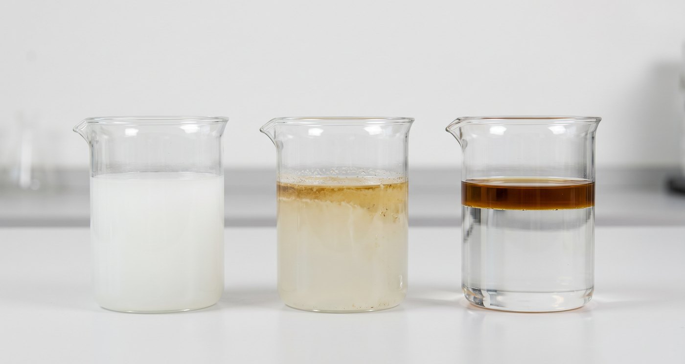 Three laboratory beakers showing cleaning solution with oil at three stages of separation