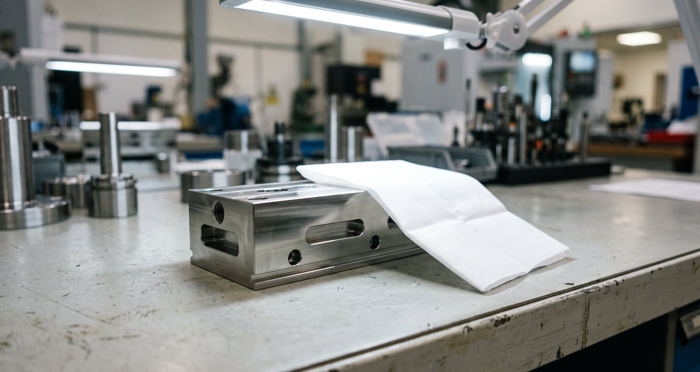 A machined steel component under inspection light with a white lint-free wipe drawn across its surface