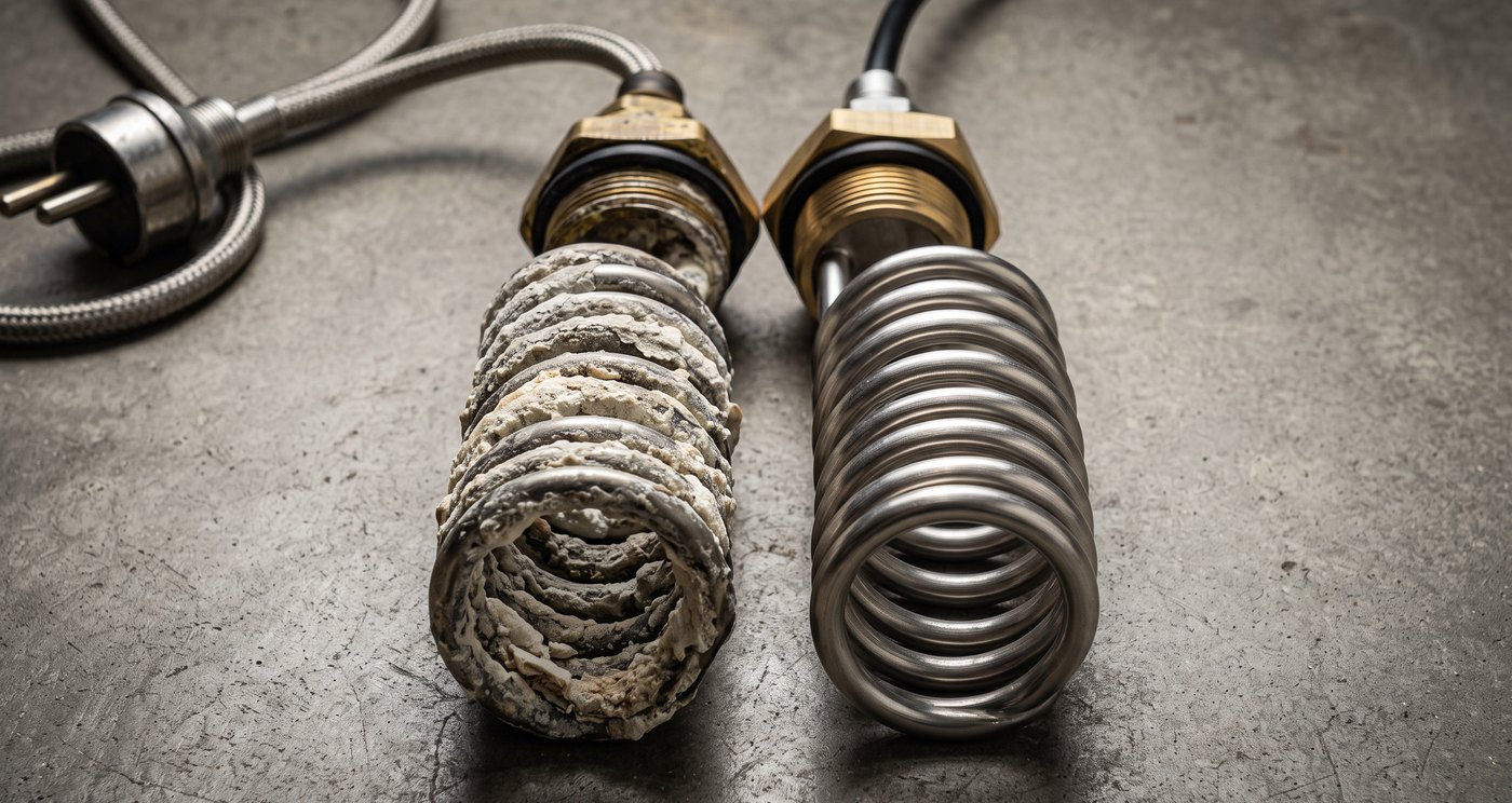 A stainless heater element crusted with hard-water scale beside a clean element