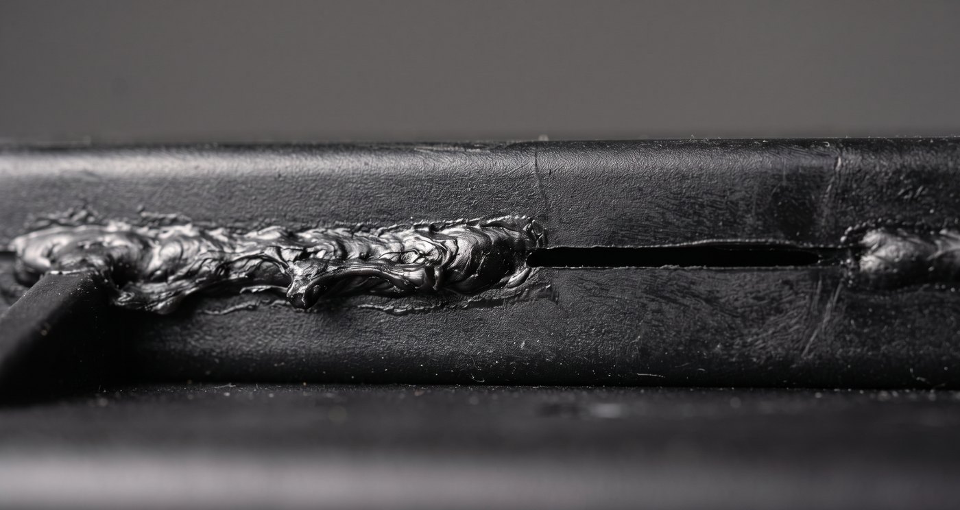 Macro of a welded seam on a moulded plastic part showing flash along one stretch and a partly unfused gap along another