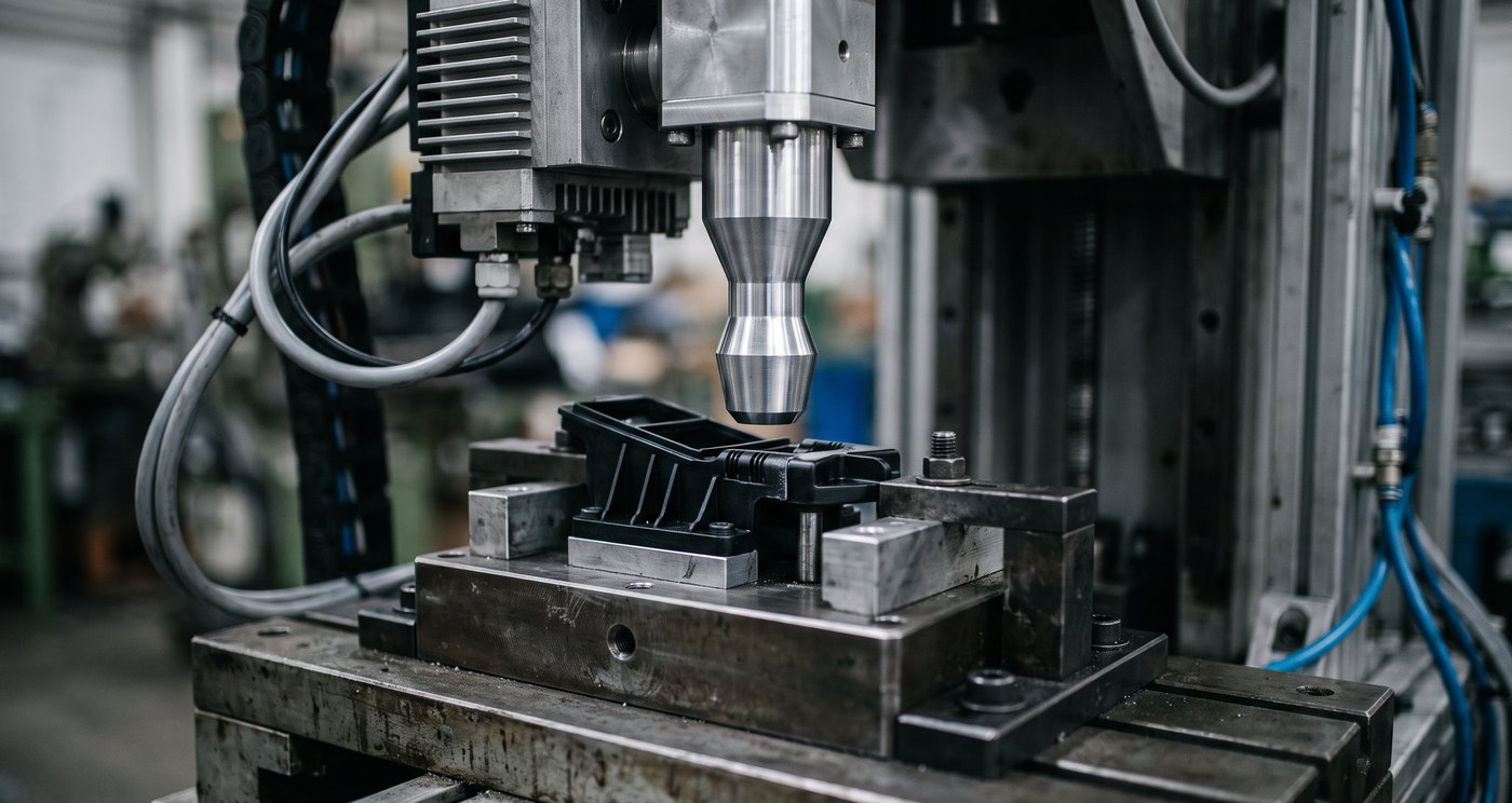 An ultrasonic welding horn descending onto a moulded thermoplastic component held in a fixture