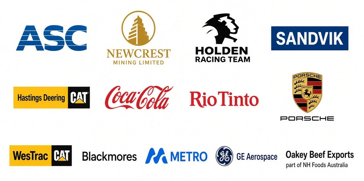 Logos of operations running Misonics-built machines, including mining, rail, automotive, food and aerospace companies