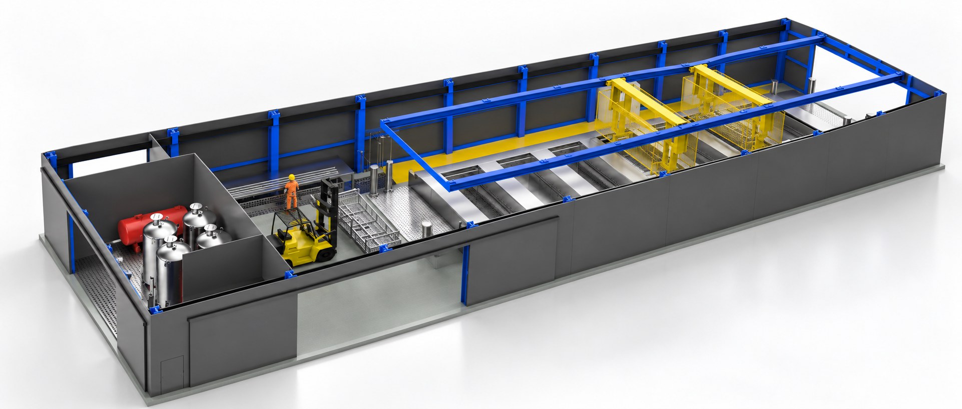 Cutaway of an engineered ultrasonic degreasing and passivation line inside its building, with process tanks, overhead carriages, loading bay and plant room