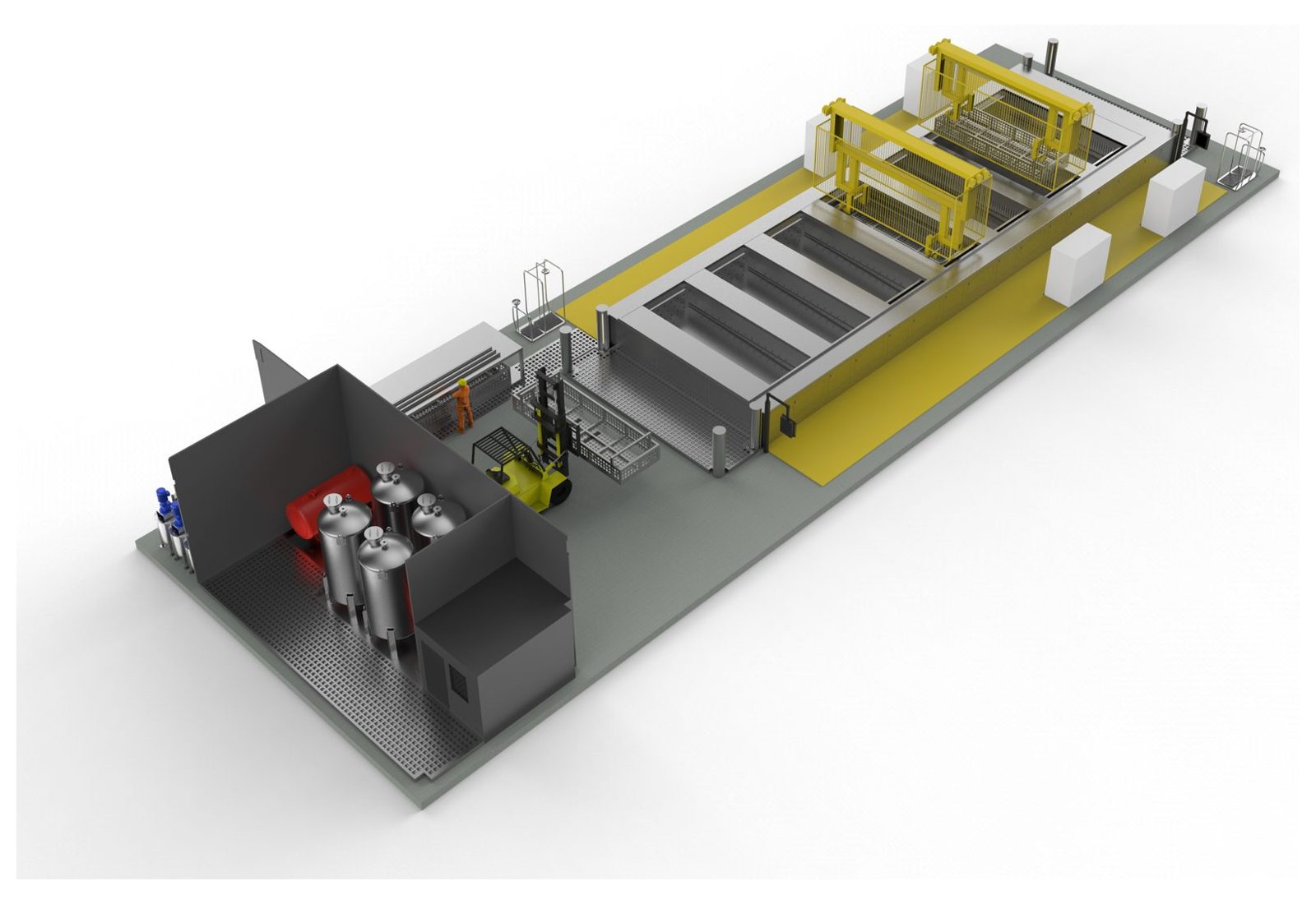 Render of a Misonics engineered degreasing and passivation line with overhead carriages and plant room