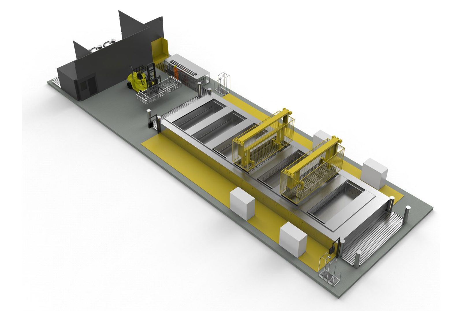 Render of the line from the load end with overhead carriages, process tanks and plant room