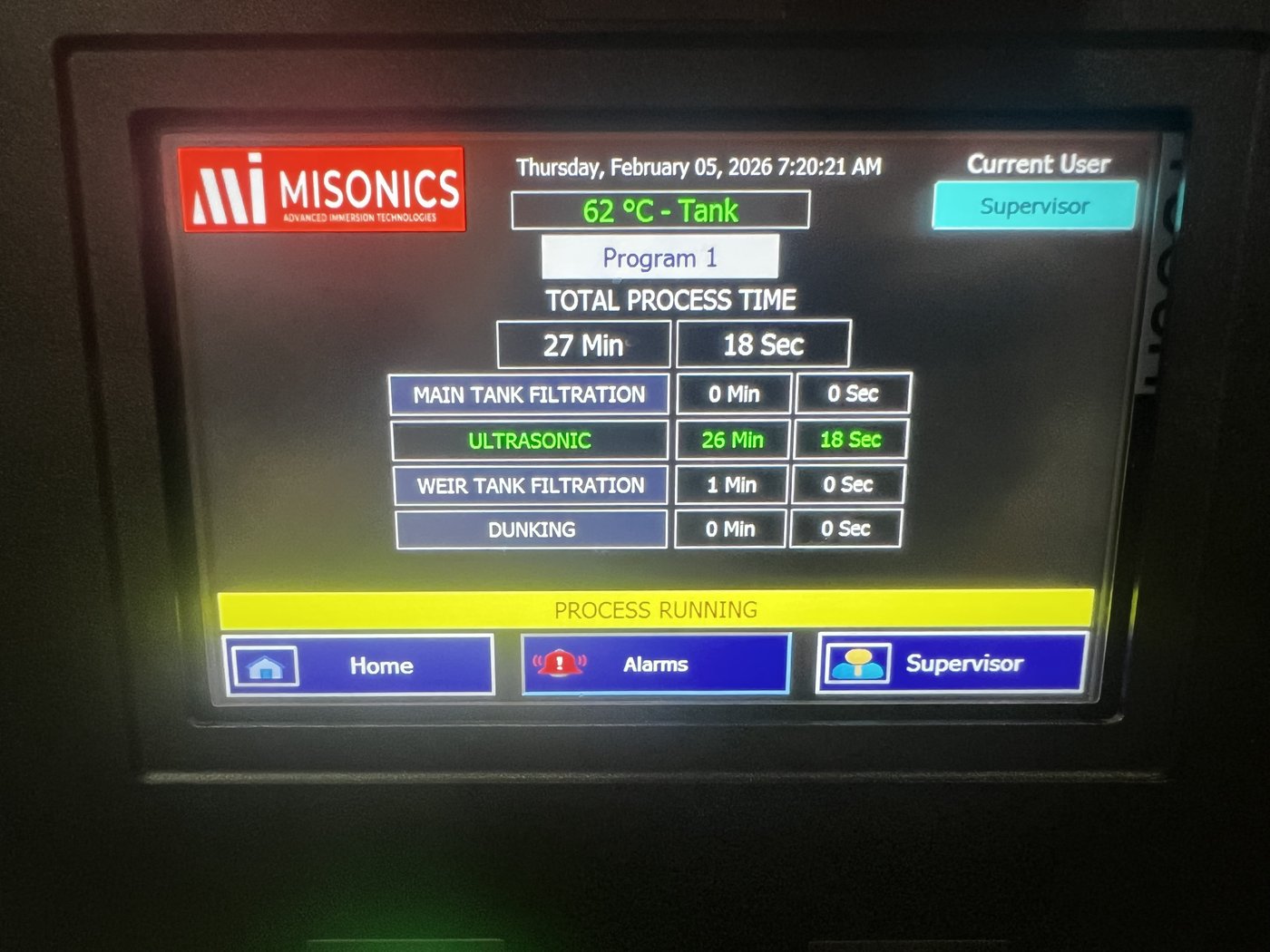 Misonics HMI running Program 1 at 62 degrees