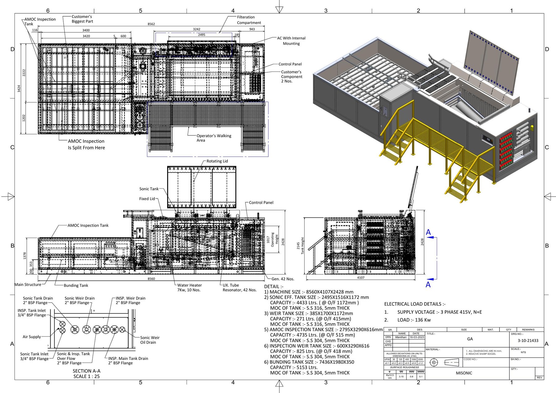 Dimensioned general arrangement drawing — Misonics EVS 7000-PL, 8560 mm machine with AMOC inspection tank and integrated bund