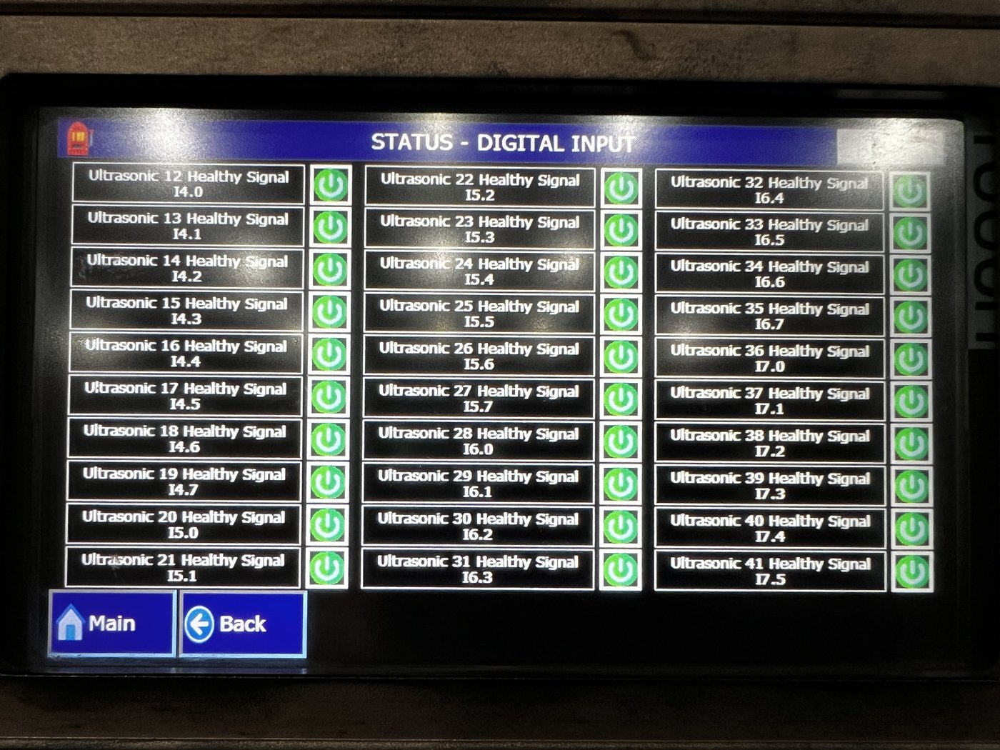 EVS 7000-PL HMI screen showing 42 healthy ultrasonic channels
