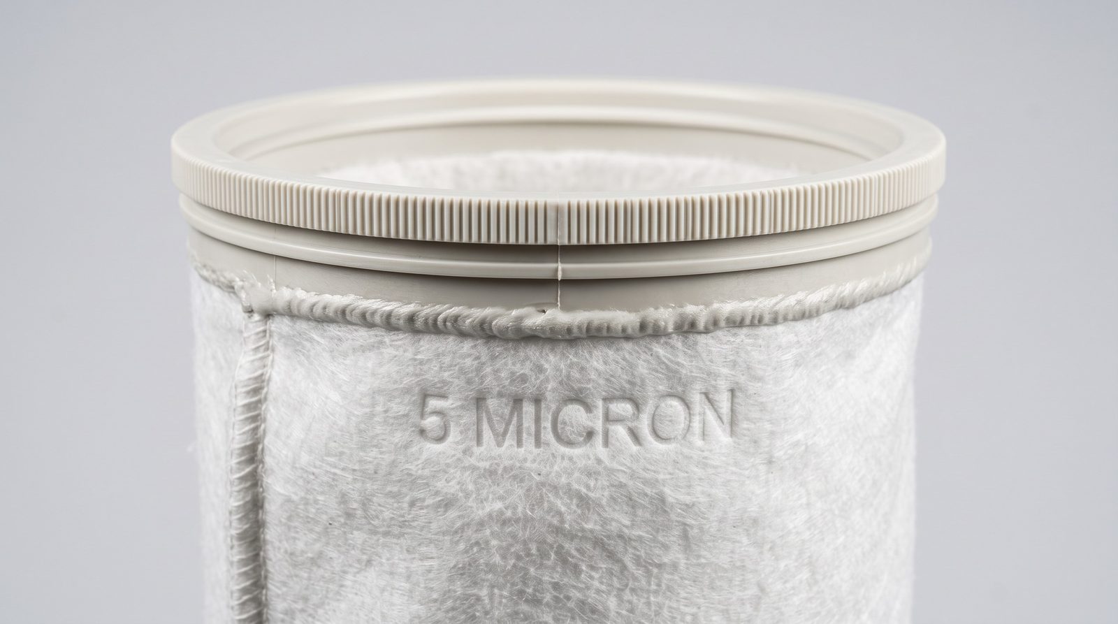 Polypropylene snap ring collar on felt filter bag