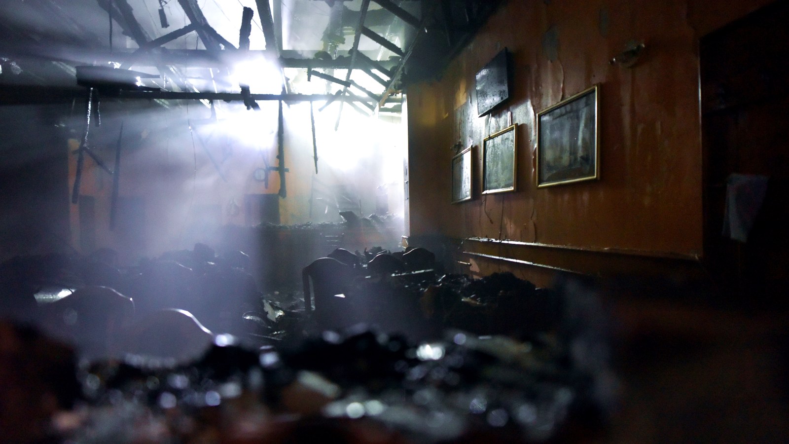 Fire-damaged interior before restoration