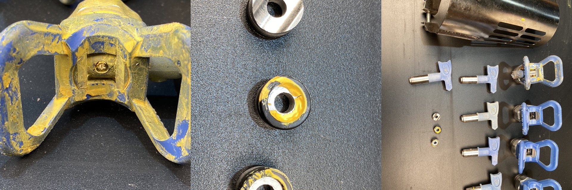 Line-marking spray tips, guards and seats caked with cured road paint, and the same hardware after cleaning