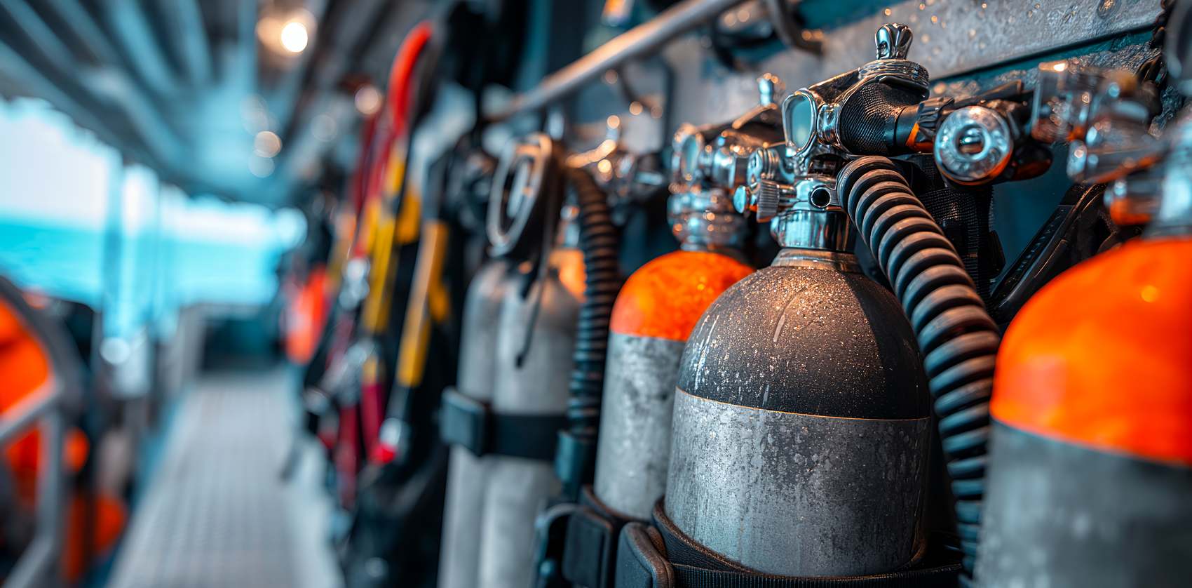 Dive cylinders and regulators racked on a dive boat, ready for service