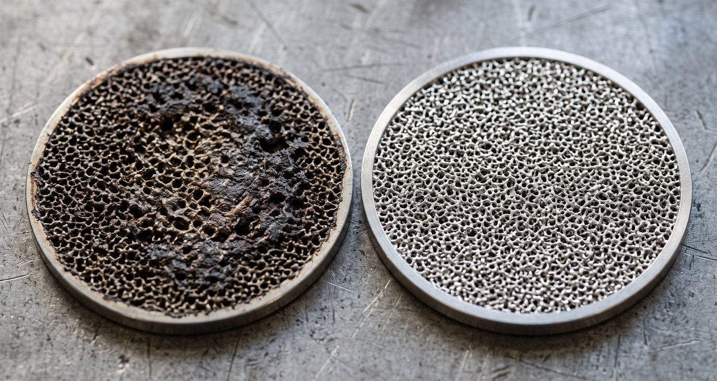 Two hot melt filter discs side by side, the left blinded with degraded polymer and the right recovered with the pore structure open