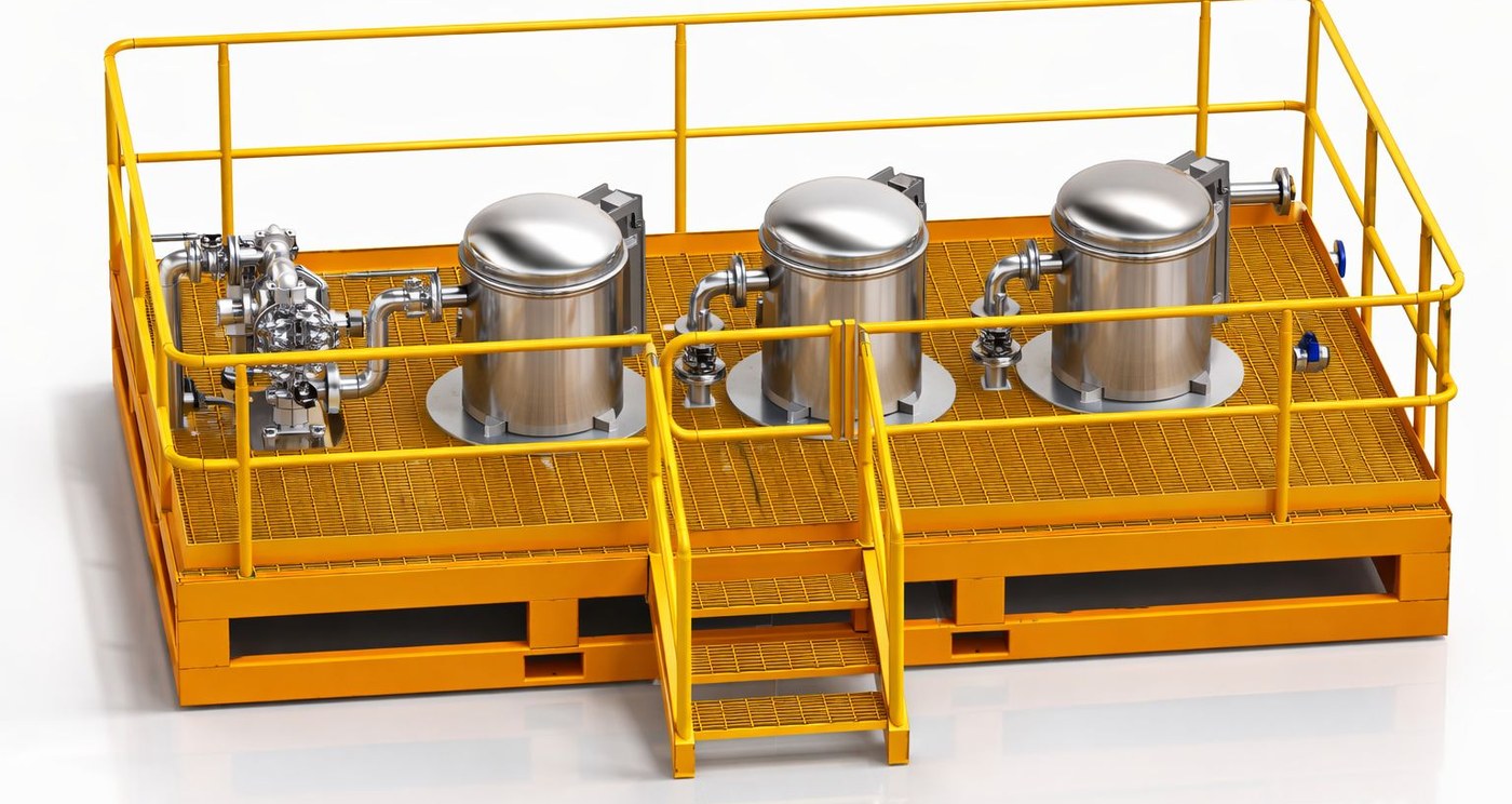 Skid mounted filtration set with three filter housings