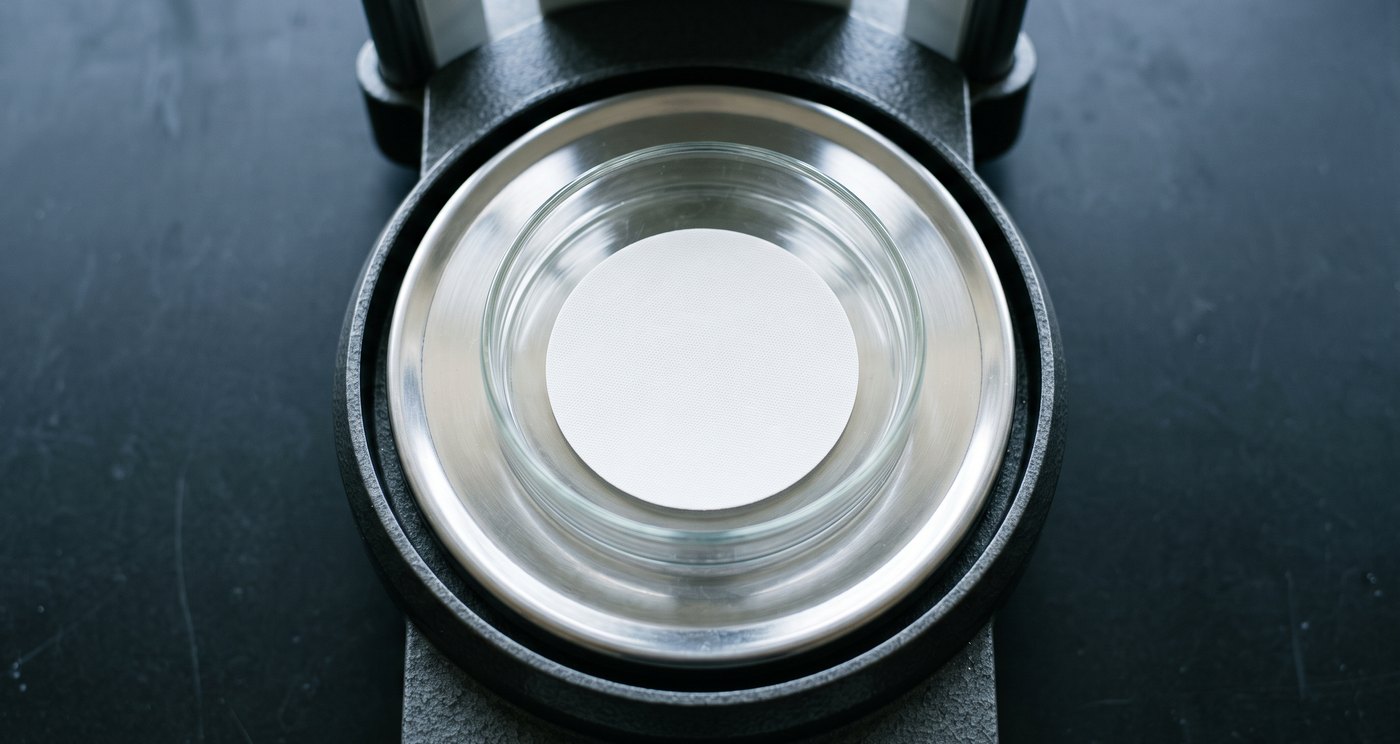A white gravimetric filter membrane on the weighing pan of a laboratory analytical balance