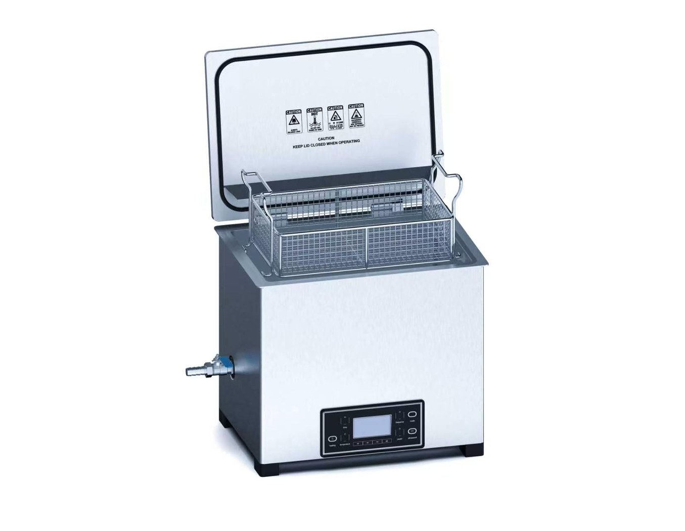 Misonics MSX 15 industrial ultrasonic cleaner — Lid open, basket in — three-quarter view