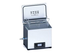 Misonics MSX 15 industrial ultrasonic cleaner — Lid open, basket in — three-quarter view