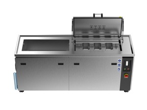 Misonics MSX 150 industrial ultrasonic cleaner — Lid open, twin pan insert fitted