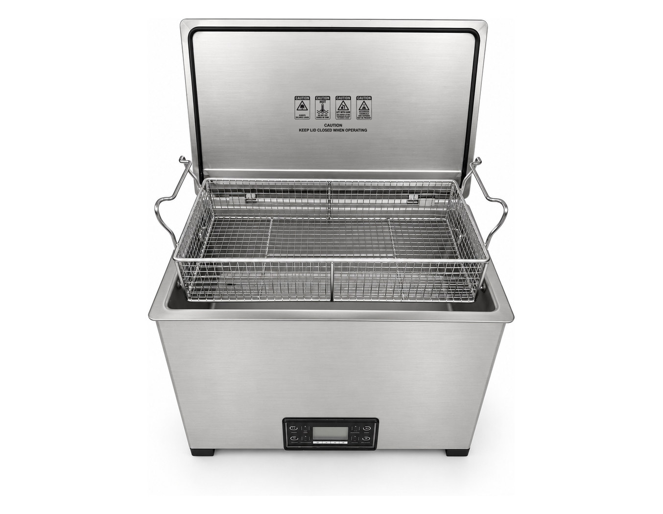 Misonics MSX 30 benchtop ultrasonic cleaner with the lid open and the stainless basket in the tank