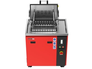 Misonics MSX 50 industrial ultrasonic cleaner — Lid open, 500 × 300 mm basket latched