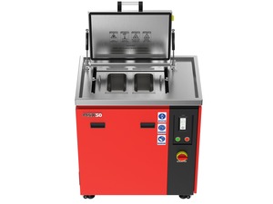 Misonics MSX 50 industrial ultrasonic cleaner — Lid open, twin pan insert fitted