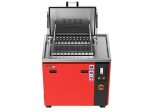 Misonics MSX 70 industrial ultrasonic cleaner — Lid open, 600 × 400 mm basket latched