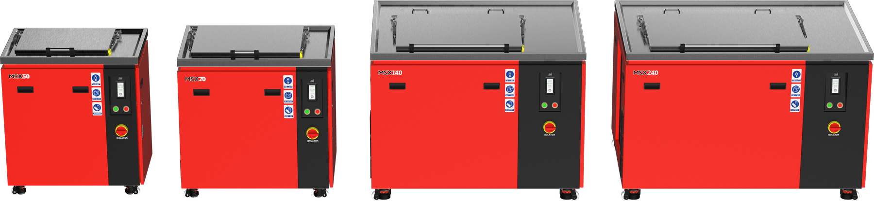 The Misonics MSX floor-standing range shown to scale — MSX 50, MSX 70, MSX 140 and MSX 240 industrial ultrasonic cleaners