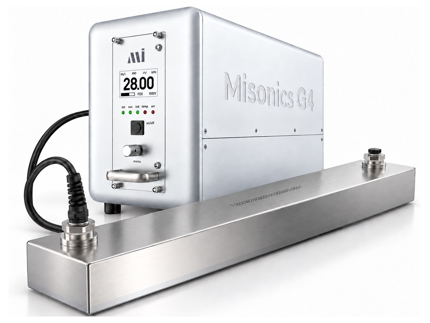 Misonics G4 generator cabled to an immersible transducer box — the Naked Sonics pair