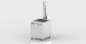 Misonics SonoLift powered-lift ultrasonic cleaner — Lift arm at full travel, tank open