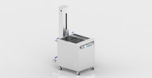 Misonics SonoLift powered-lift ultrasonic cleaner — Basket lowered into the bath