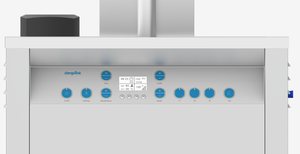 Misonics SonoLift powered-lift ultrasonic cleaner — Control panel — heating, temperature, time, power, f1–f3, run