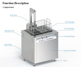 Misonics SonoLift powered-lift ultrasonic cleaner — Function layout — lift arm, basket, LCD, control panel
