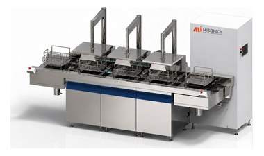 Misonics SonoLine automated ultrasonic cleaning line — three stations with powered basket lifts and control cabinet