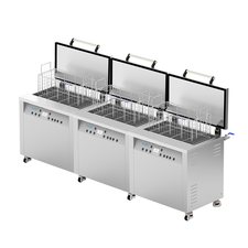 Misonics SonoLine automated ultrasonic cleaning line — Three stations with powered lifts — render
