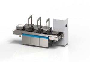 Misonics SonoLine automated ultrasonic cleaning line — Three-tank configuration, lids open — render