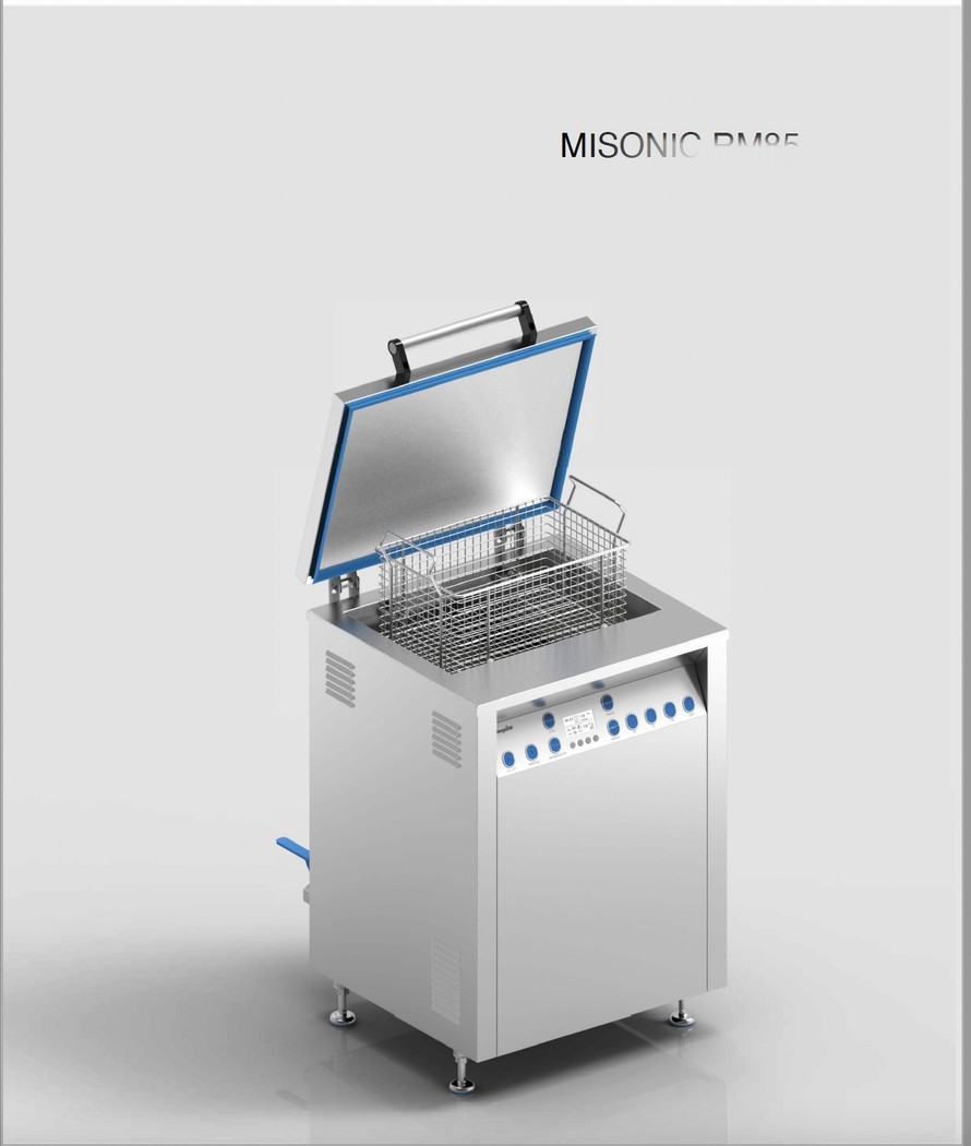 Misonics SonoWash industrial ultrasonic tank — Lid open, basket in the tank
