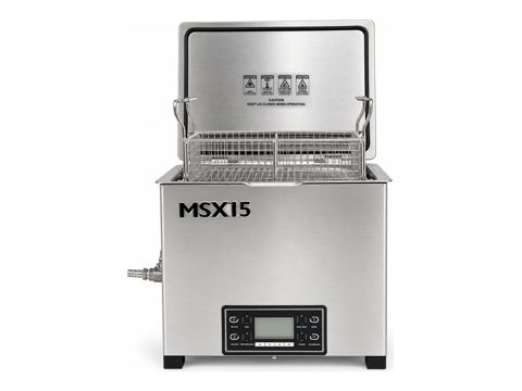 Misonics MSX 15 benchtop ultrasonic tank, lid open with basket