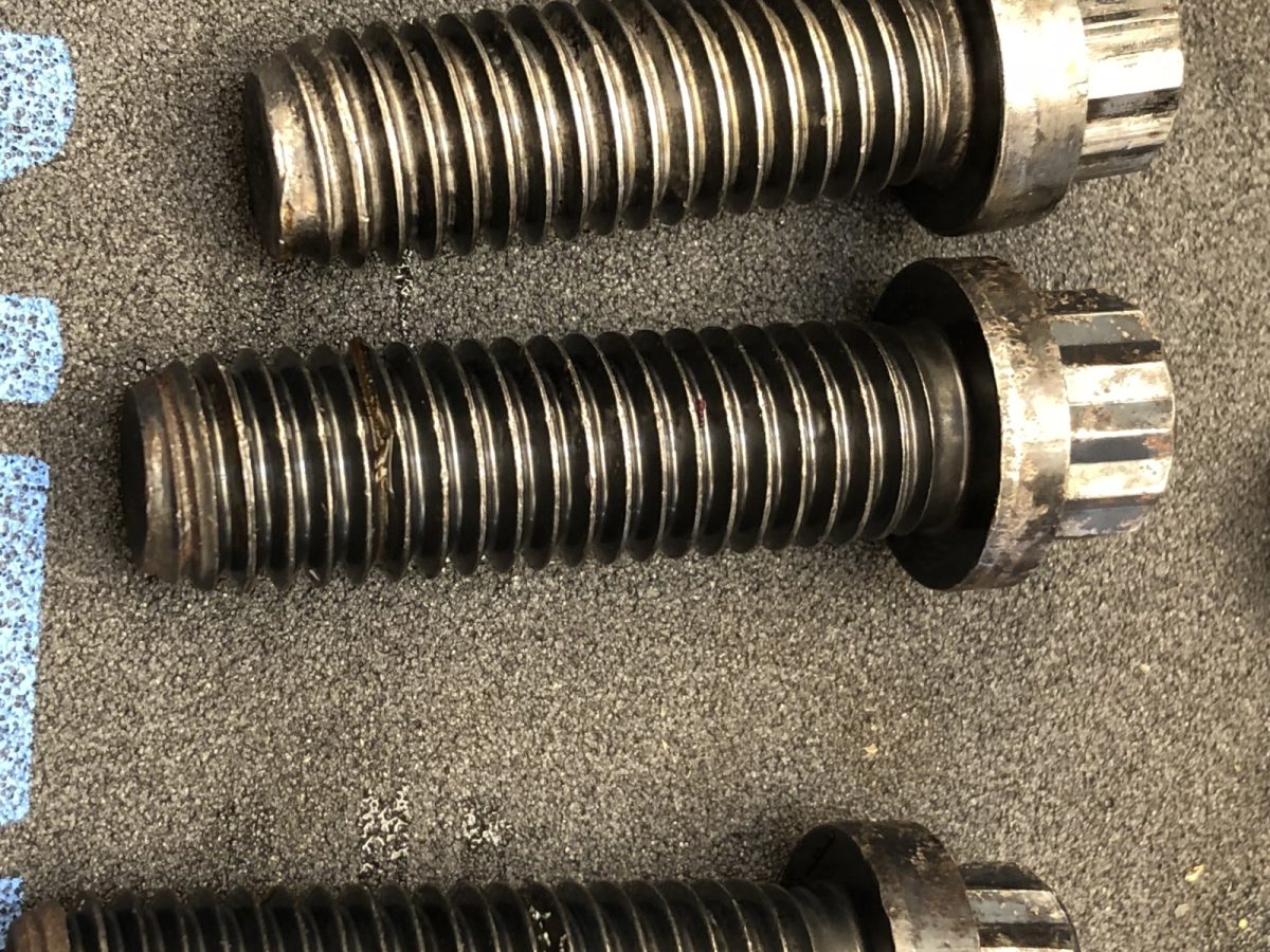 The same bolts after the cycle, threads gauging again