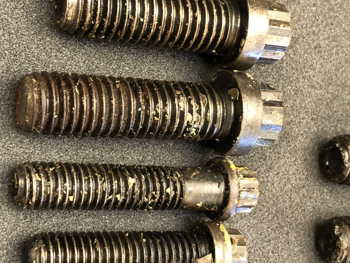 Flange bolts as recovered, corrosion product filling the thread roots