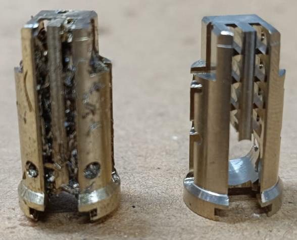 Brass lock cylinder core before and after cleaning