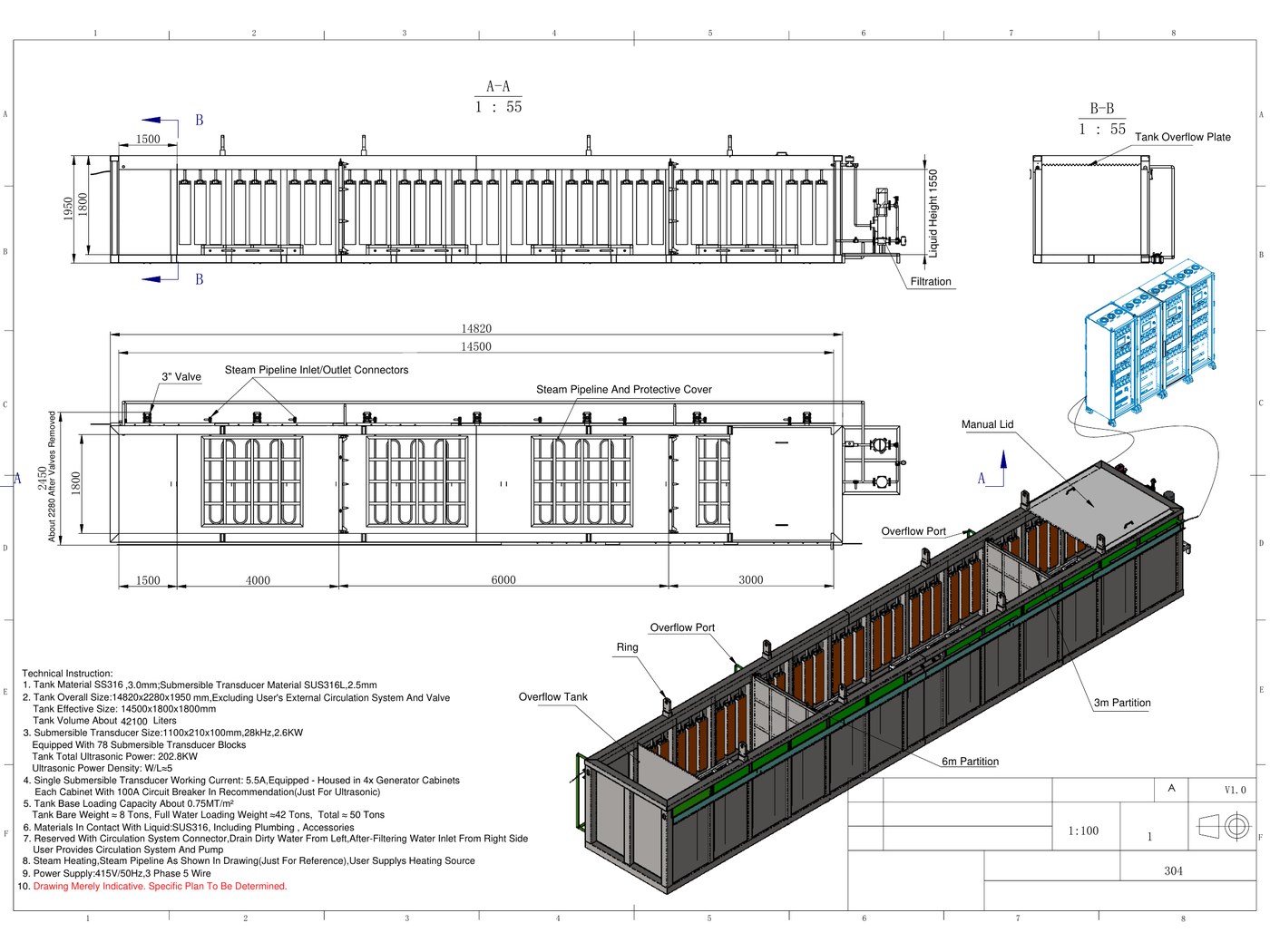 Dimensioned general arrangement drawing — Misonics UltraMax HX 12, 14,500 mm tank