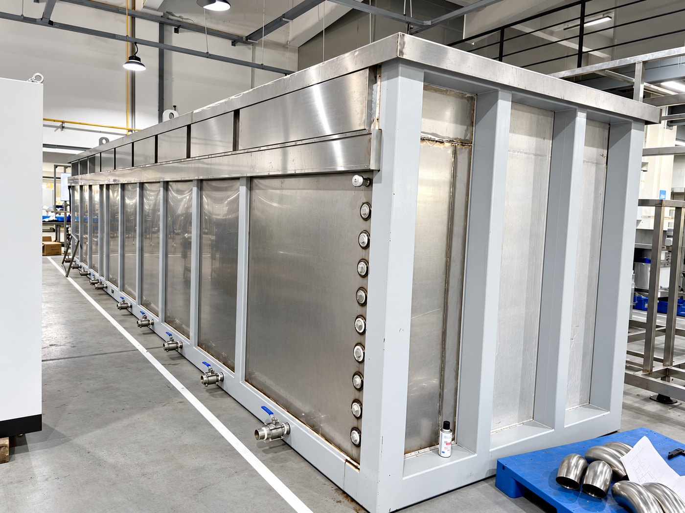 A Misonics UltraMax stainless steel ultrasonic tank under construction, showing the row of heater penetrations down the tank wall, the structural support frame and the drain valves along the base