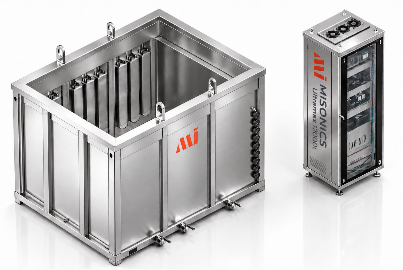 Misonics UltraMax HX 3 12,000 L ultrasonic immersion tank with its generator cabinet