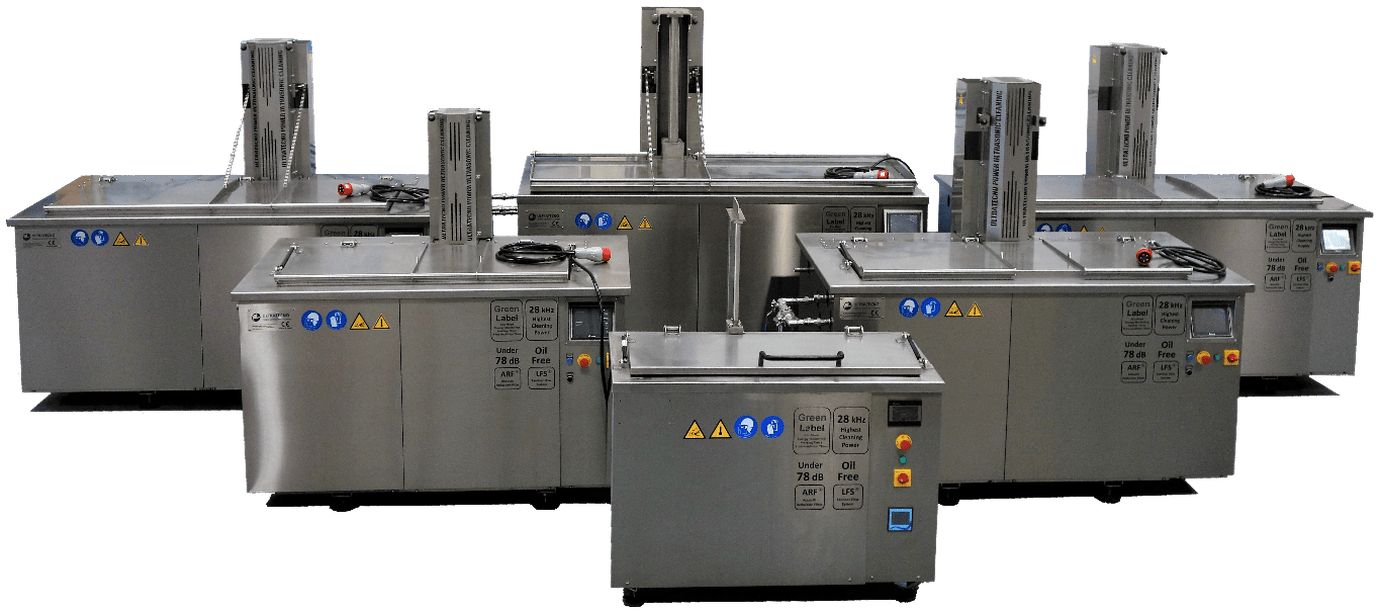 Six UltraTecno ACM ultrasonic cleaning machines of increasing size, each with its platform lift column