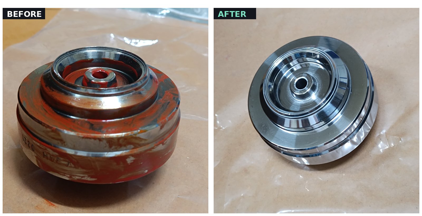 Before and after — pump rotor cleaned on an UltraWash trial